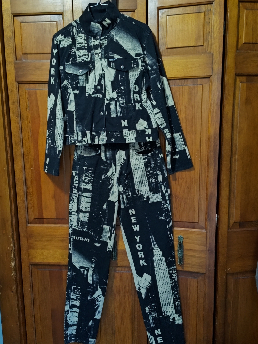 RARE Vintage O'Sport Jeans Black & Cream New York Print Women's 2pc Set size 9/M